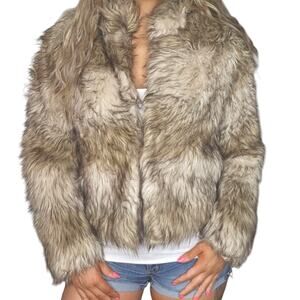 Faux Fur Bomber Coat Womens Medium Brown Fuzzy Fluffy Jacket Thick Preppy NWT
